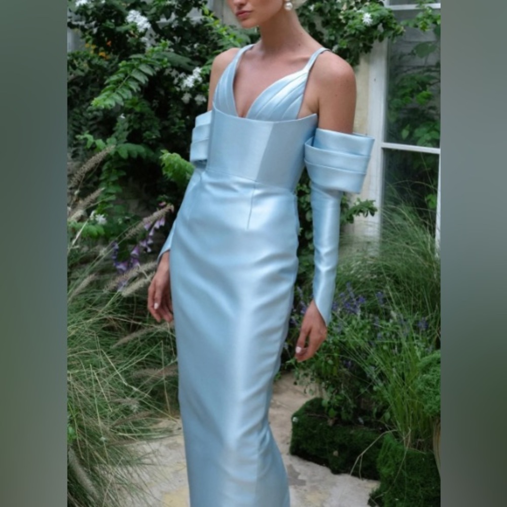 Eliya The Label - Australian luxury brand - Satin Light Blue Off-Shoulder Gown